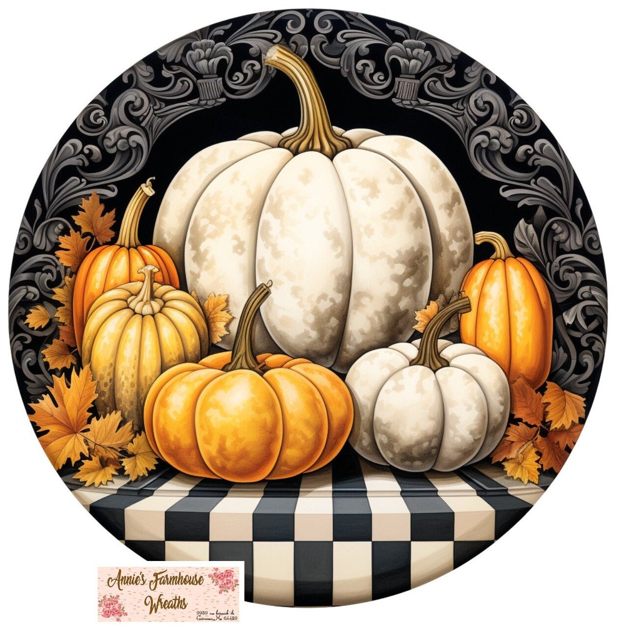 round metal sublimated wreath sign, black and white fall pumpkin sign