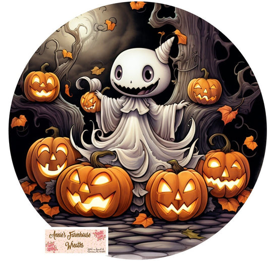 Whimsical Halloween Ghost and Jack-o-lanterns, Fall Ghost and pumpkin round metal wreath sign