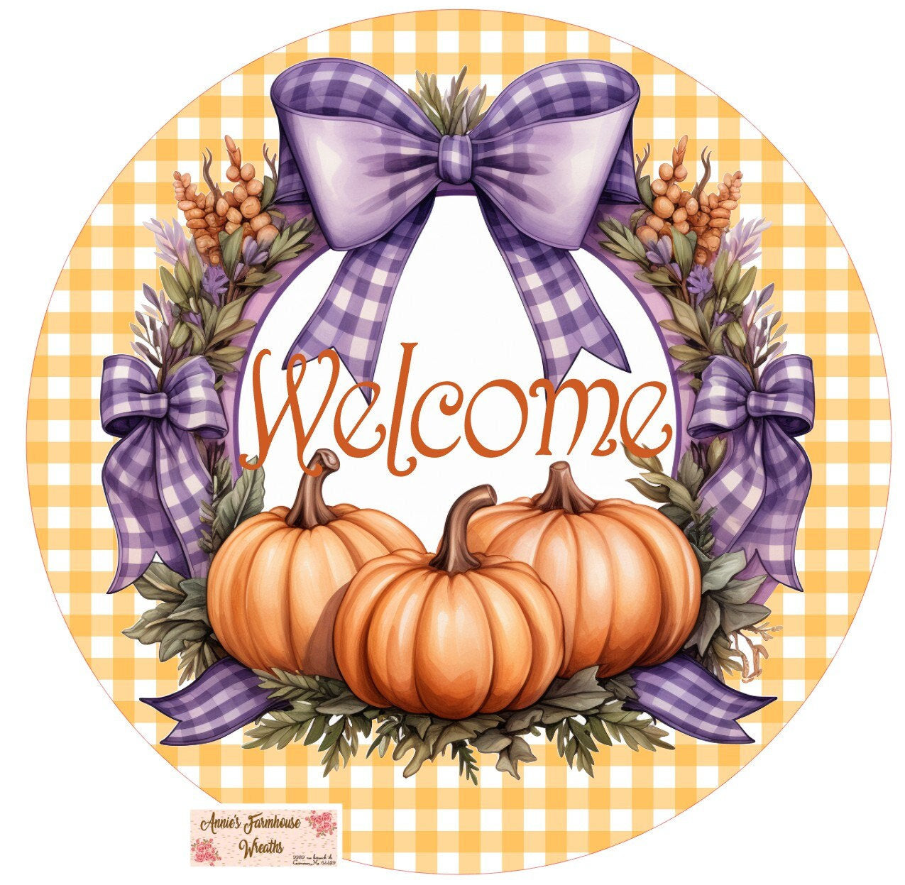 Lavender and Orange fall pumpkin sign, round metal wreath sign, Fall pumpkins,  pumpkins, wreath sign, wreath center, wreath attachment