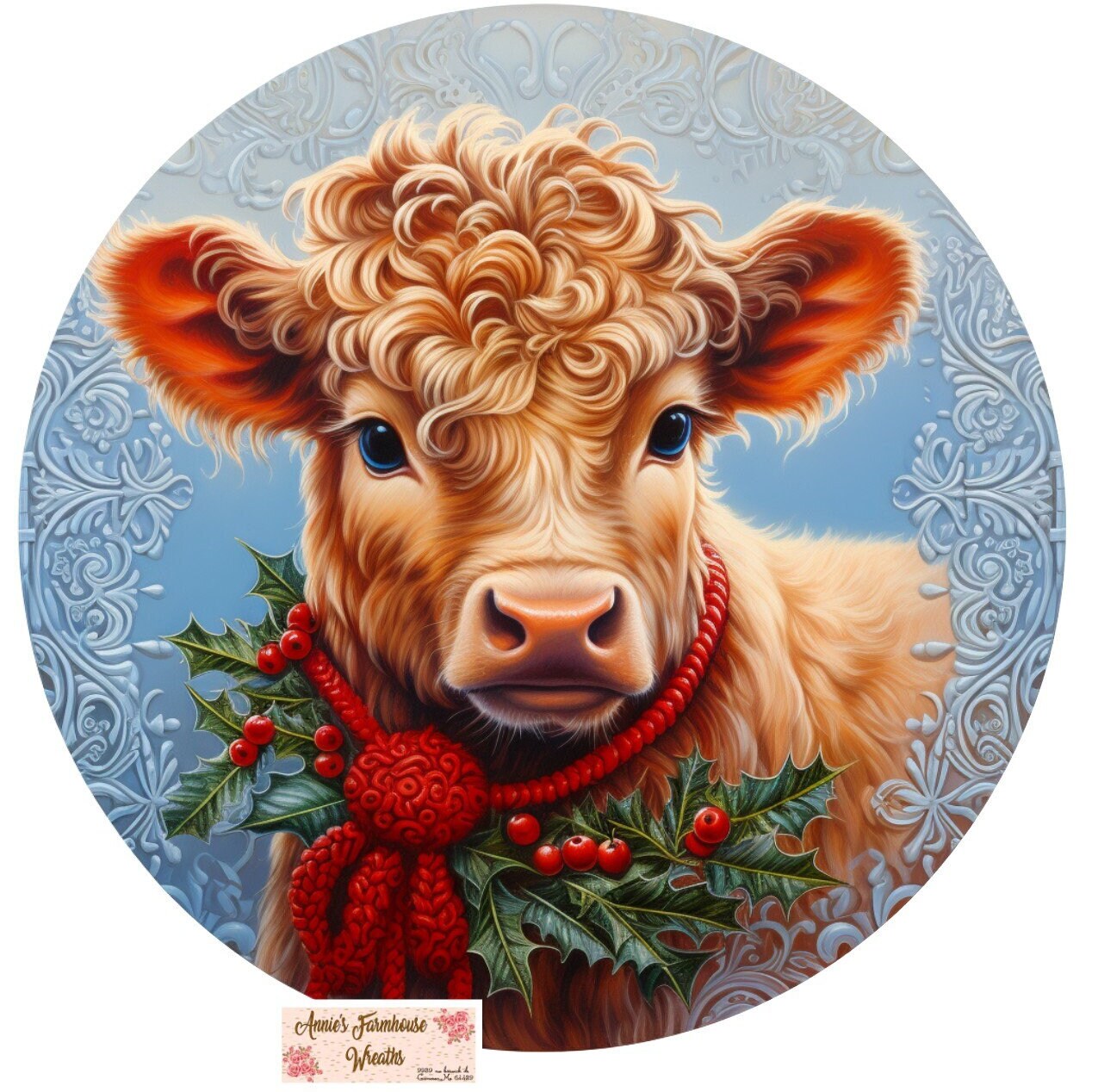 Highland cow Christmas round metal wreath sign, Winter cow sign, wreath center, wreath attachment