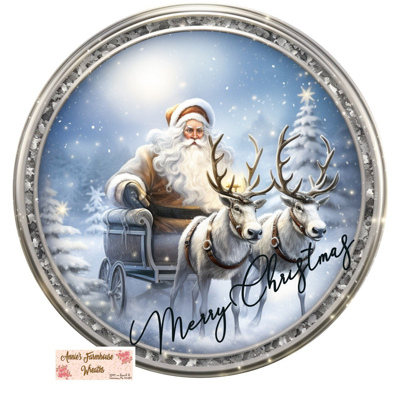 round metal sublimation wreath sign, Merry Christmas, Santa and his reindeer, santas sled