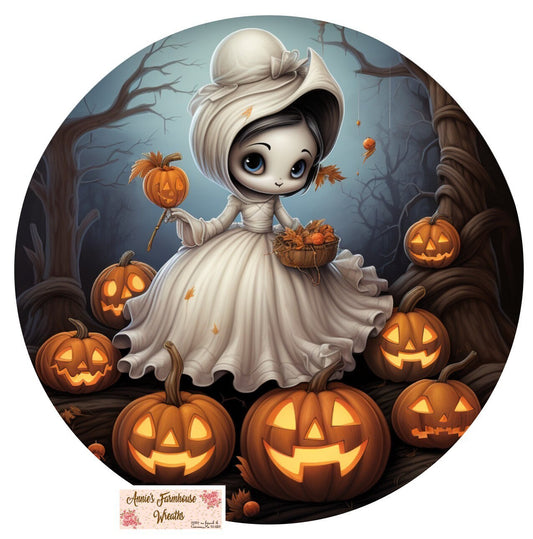 Whimsical Halloween Ghost and Jack-o-lanterns, Fall Ghost and pumpkin round metal wreath sign