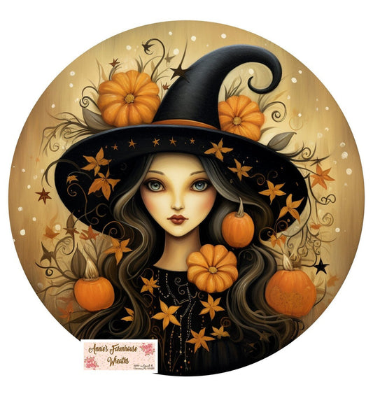 Fall Witch surrounded by Pumpkins and flowers, Halloween  round metal wreath sign