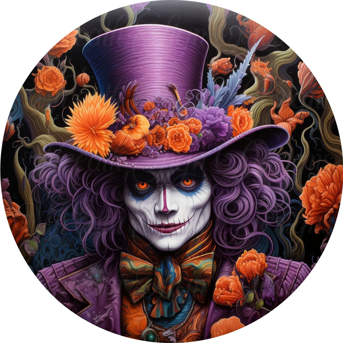 Round metal Mad Hatter Creepy Halloween Clown, Orange and Purple Clown, wreath sign, wreath center,