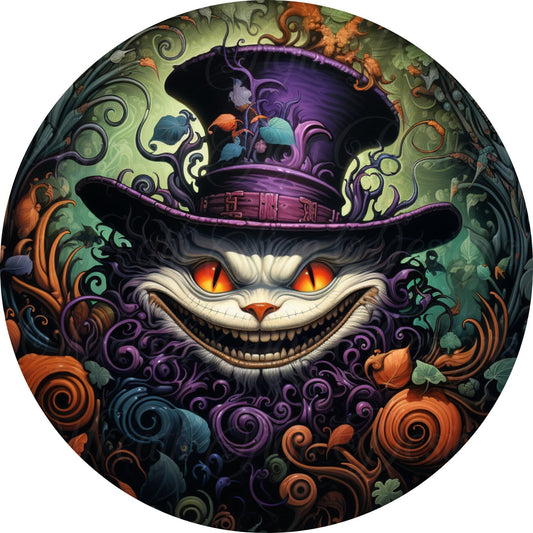 creepy Cat, Halloween round metal sign,  Wreath Sign,  Cat Wreath Center, Spooky Halloween Sign