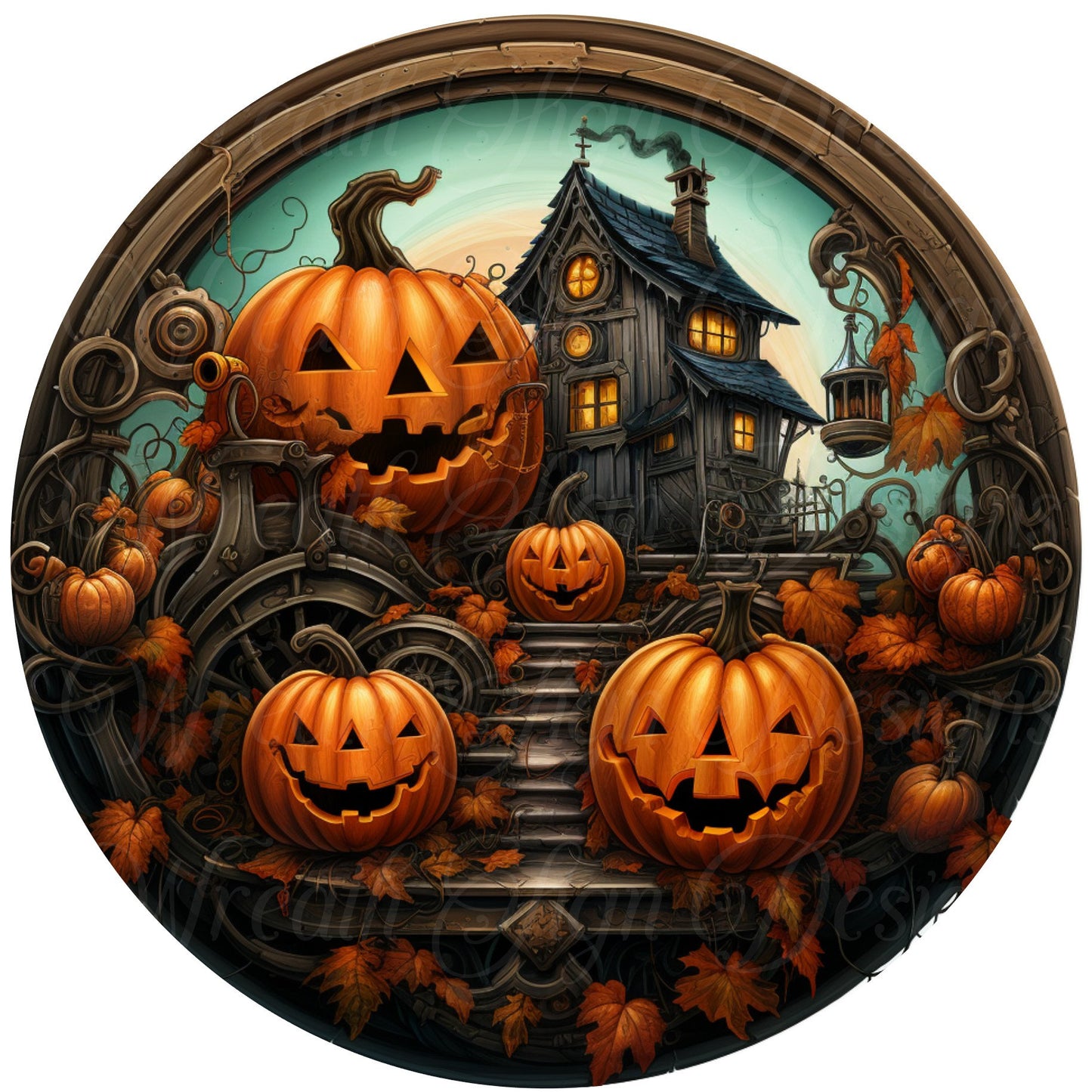 round metal wreath sign, Steampunk Jack-o-lantern, pumpkin Halloween sign