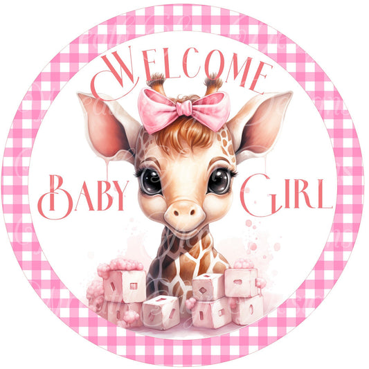 sublimated metal wreath sign, Welcome baby girl, Birth announcement giraffe metal Wreath sign