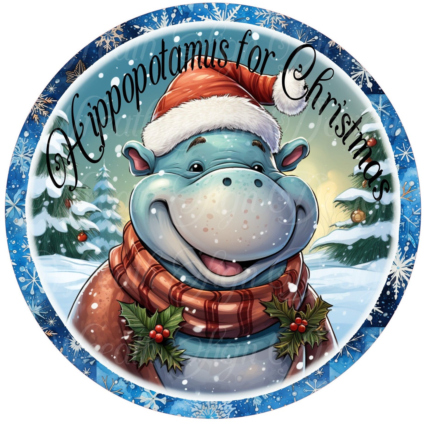 Christmas Wreath sign hippopotamus for christmas sign, Christmas hippo round metal wreath sign, Wreath attachment