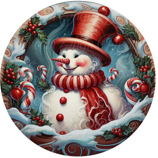Merry Christmas Peppermint swirls snowman round metal sign, Christmas sign, Winter wreath sign, wreath center, wreath attachment