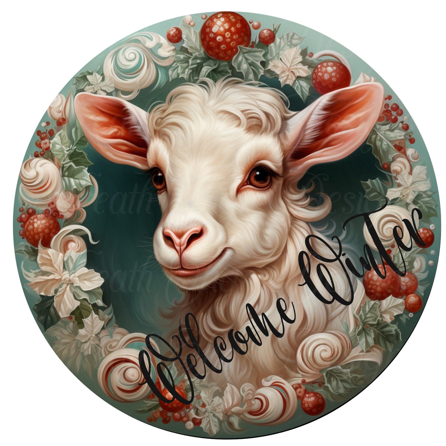 Round metal wreath sign, Christmas Goat sign. Winter, Peppermint, wreath center, attachment