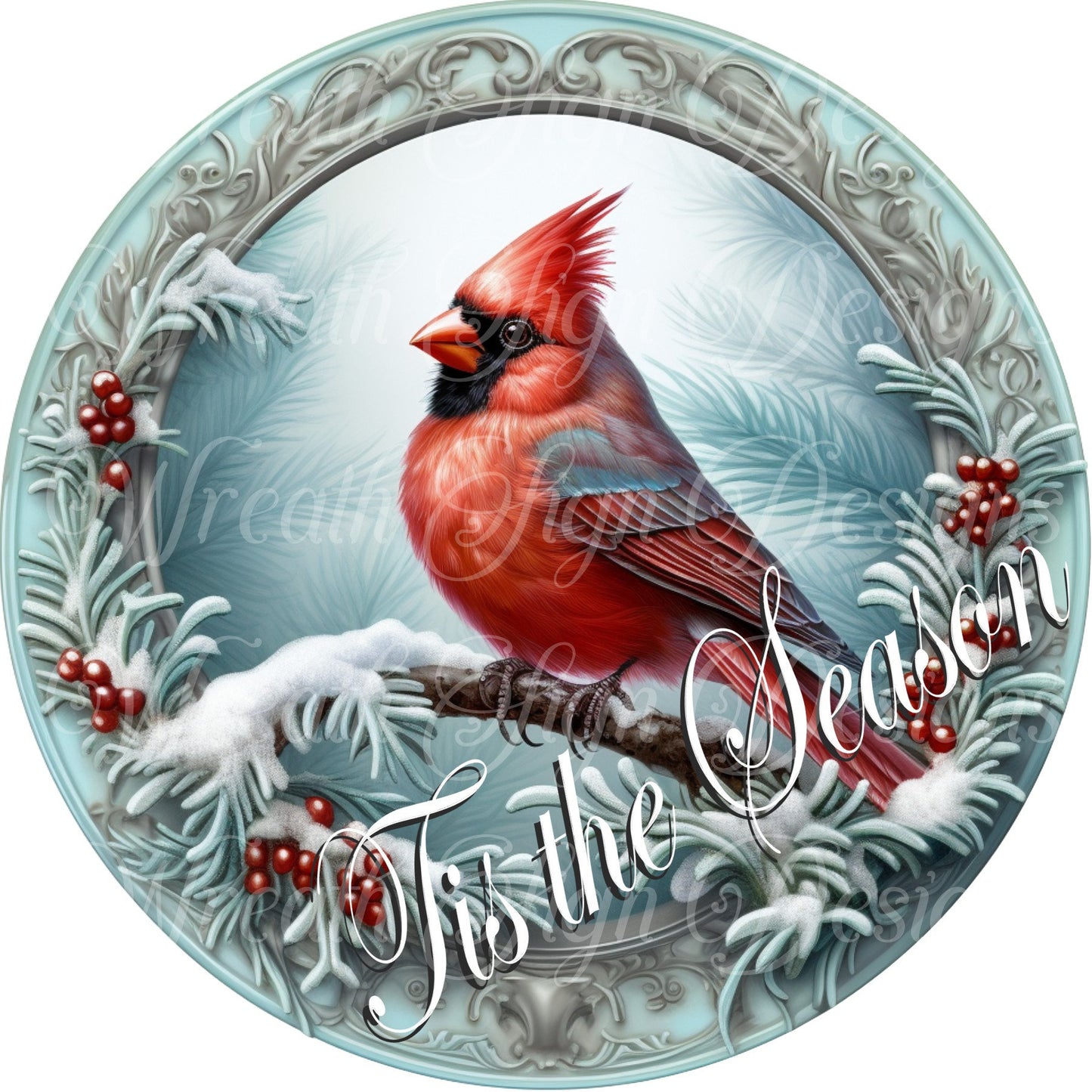 round metal wreath sign, Tis the Season Christmas cardinal wreath center, Winter sign, Cardinal decor