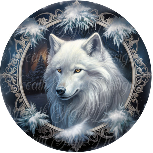 Winter, Christmas, White Wolf sign, metal sign  Round sign, Wreath attachment, Wreath center,