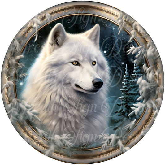 Winter, Christmas, White Wolf sign, metal sign  Round sign, Wreath attachment, Wreath center,