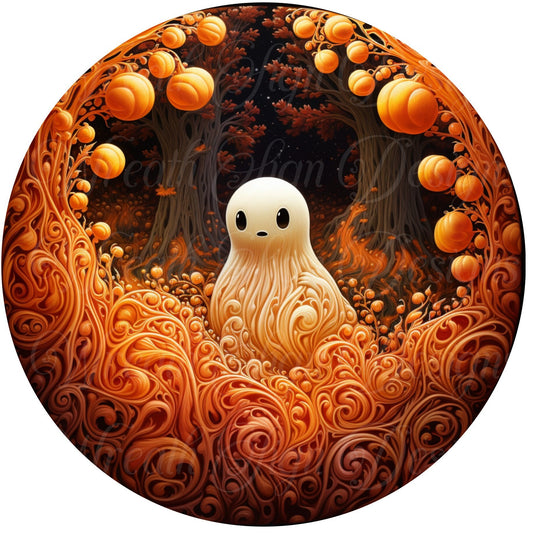 Whimsical Halloween Ghost and Jack-o-lanterns, Fall Ghost and pumpkin round metal wreath sign