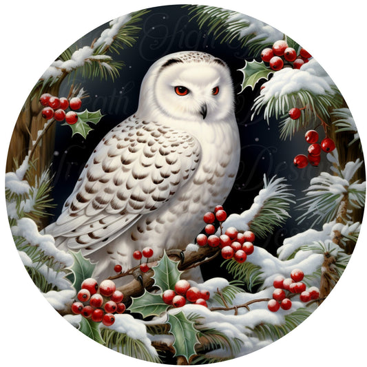 round metal sublimation wreath sign, Woodland owl, White winter owl sign, Christmas wreath center, wreath attachment