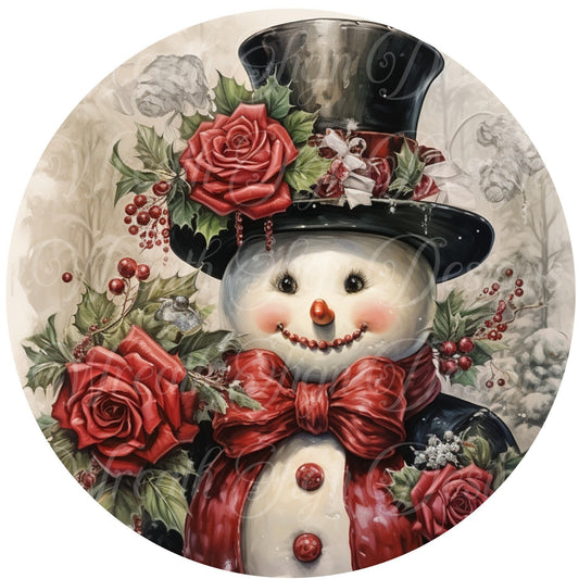 Winter Rose snowman sign, Red and black snowman Christmas, Wreath Sign, Wreath Center, Wreath Attachment,  round metal sign