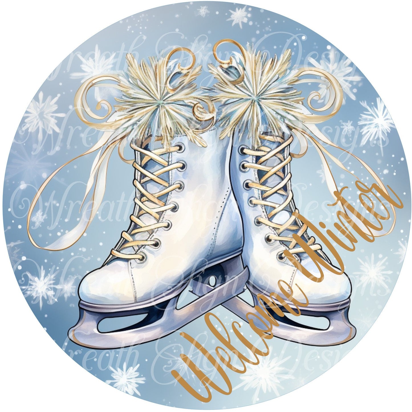 Welcome Winter, Ice Skates and snowflakes, round metal sign, Christmas sign, Winter wreath sign, wreath center, wreath attachment