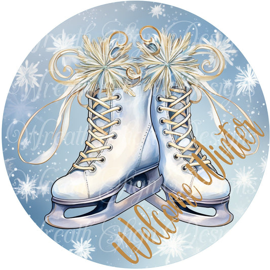 Welcome Winter, Ice Skates and snowflakes, round metal sign, Christmas sign, Winter wreath sign, wreath center, wreath attachment