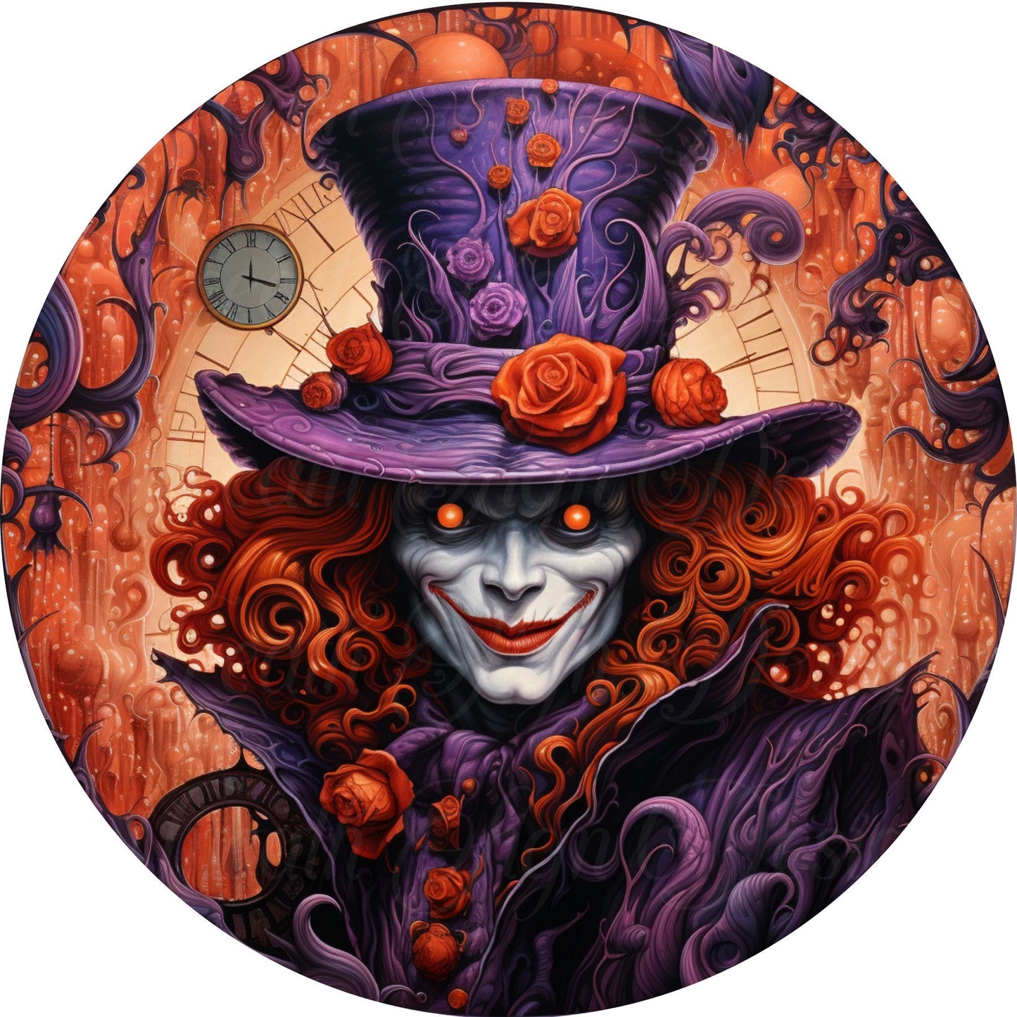 Round metal Mad Hatter Creepy Halloween Clown, Orange and Purple Clown, wreath sign, wreath center,