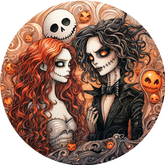 round metal sign, Skeleton and his bride, Halloween sign, round metal wreath sign, wreath center