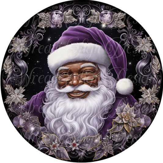 round metal sublimation wreath sign, black Santa Claus, Melanin Santa, purple Christmas sign, center, attachment