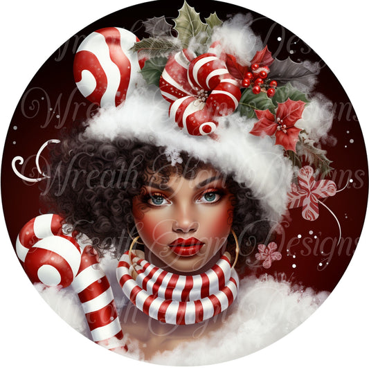 peppermint princess Christmas, Diva Queen round metal wreath sign, African American strong black woman , wreath attachment, wreath center