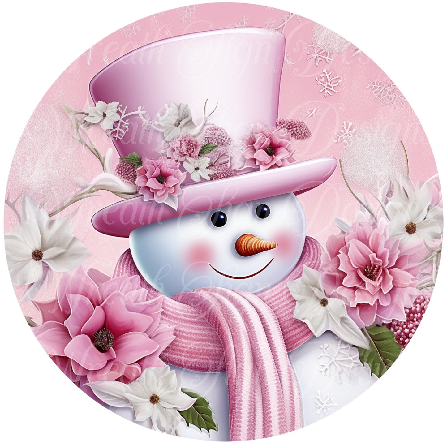 Pink Christmas snowman sign winter sign, Pink Christmas, Wreath Sign, Wreath Center, Wreath Attachment,  round metal sign