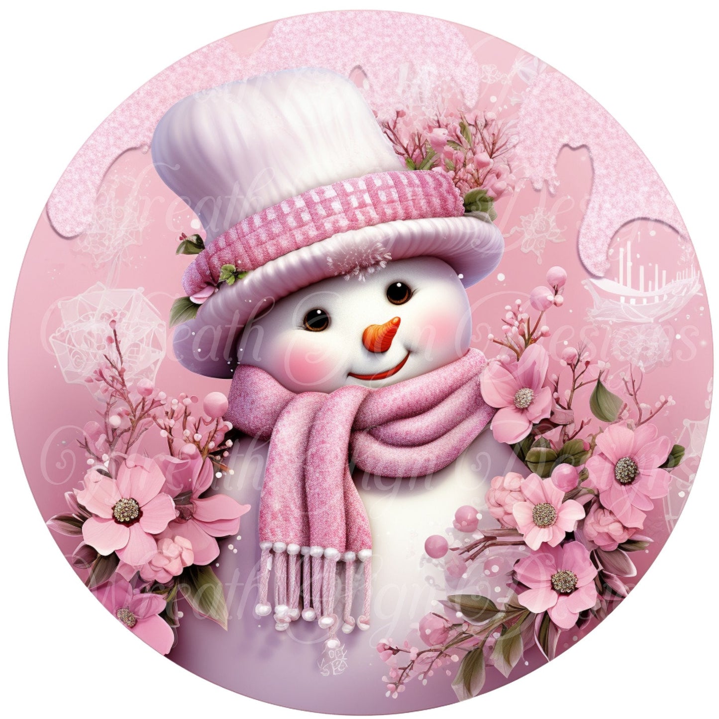 Pink Christmas snowman sign winter sign, Pink Christmas, Wreath Sign, Wreath Center, Wreath Attachment,  round metal sign