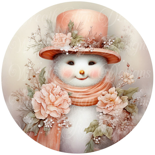 Peach Roses, Peach snowman sign winter sign, Peach Christmas, Wreath Sign, Wreath Center, Wreath Attachment,  round metal sign