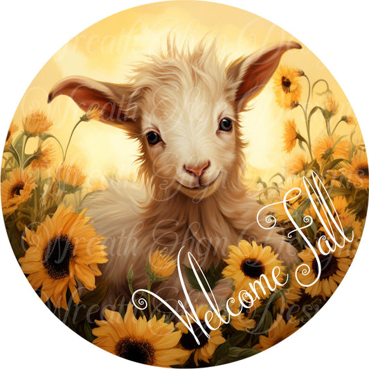 welcome Fall sign, baby goat, sunflowers, Wreath Center, Wreath Attachment  Metal Sign,