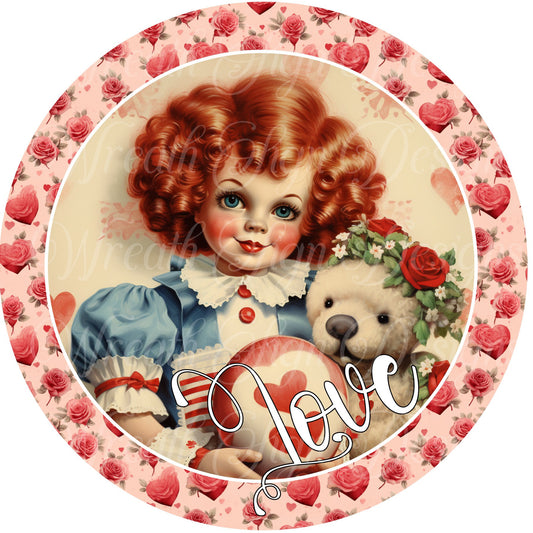 Valentine&#39;s Best Friends round metal sign, love letter wreath sign, wreath center, wreath attachment, hearts, Love B.F.F. sign, Wreath sign