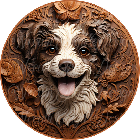 Faux 3D brown dog sign, Faux carved dog metal sign  Round sign, Wreath attachment, Wreath center,