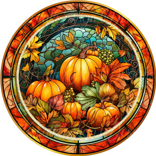 Welcome Autumn pumpkins round metal wreath sign, Fall pumpkins, faux stained glass pumpkins, wreath center, wreath attachment