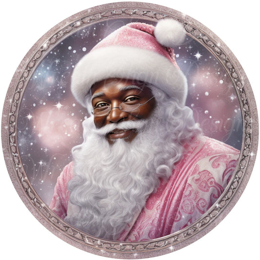 round metal sublimation wreath sign, black Santa Claus, Melanin santa, pink Christmas sign, center, attachment