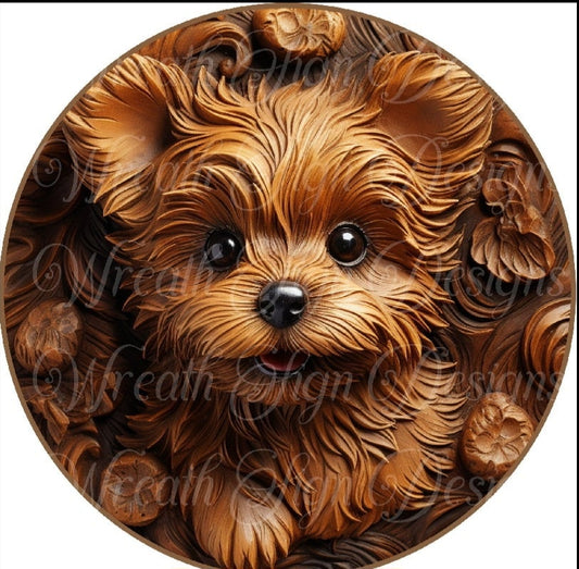 Faux 3D brown dog sign, Faux carved yorkie dog metal sign  Round sign, Wreath attachment, Wreath center,