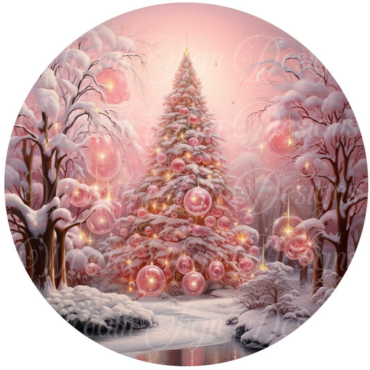 Pink Christmas round metal wreath sign, Pink Christmas tree in the snow,  Wreath Sign, pink Wreath Center, Wreath Attachment