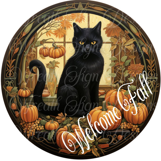 Wreath sign, Round metal sign, black cat sitting on a pumpkin, Fall sign, Halloween sign