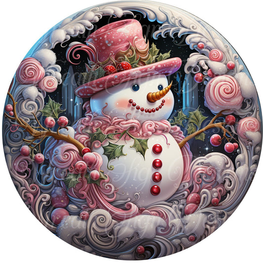 Pink Christmas snowman sign winter sign, Pink Christmas, Wreath Sign, Wreath Center, Wreath Attachment,  round metal sign