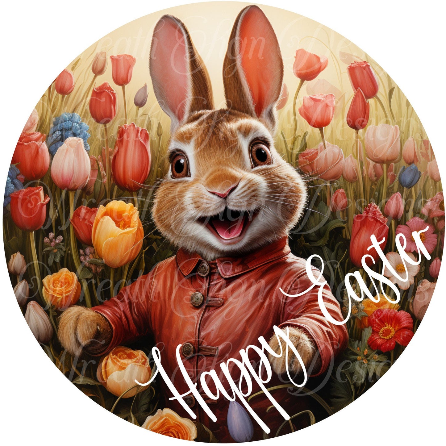 Easter Rabbit, Easter Bunny, Spring, Happy Easter, Bunny Rabbit in a tulip field, Round metal sublimated wreath sign