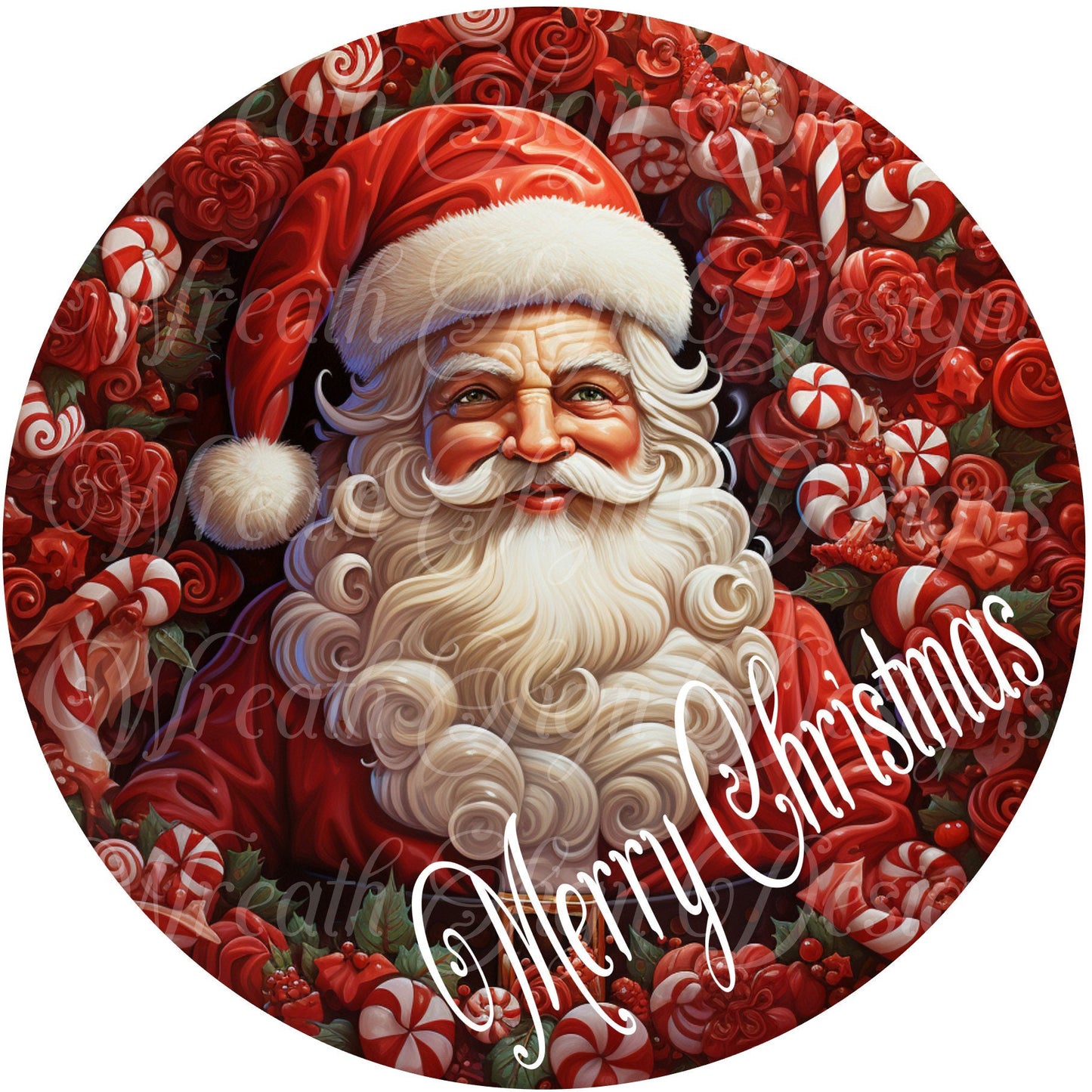 round metal sublimation wreath sign, Merry Christmas Santa, Santa Claus, St. Nicholas, Father Time, Kris Kringle