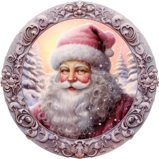 round metal sublimation wreath sign, Merry Christmas, Pink Santa, old world santa and holly, victorian santa