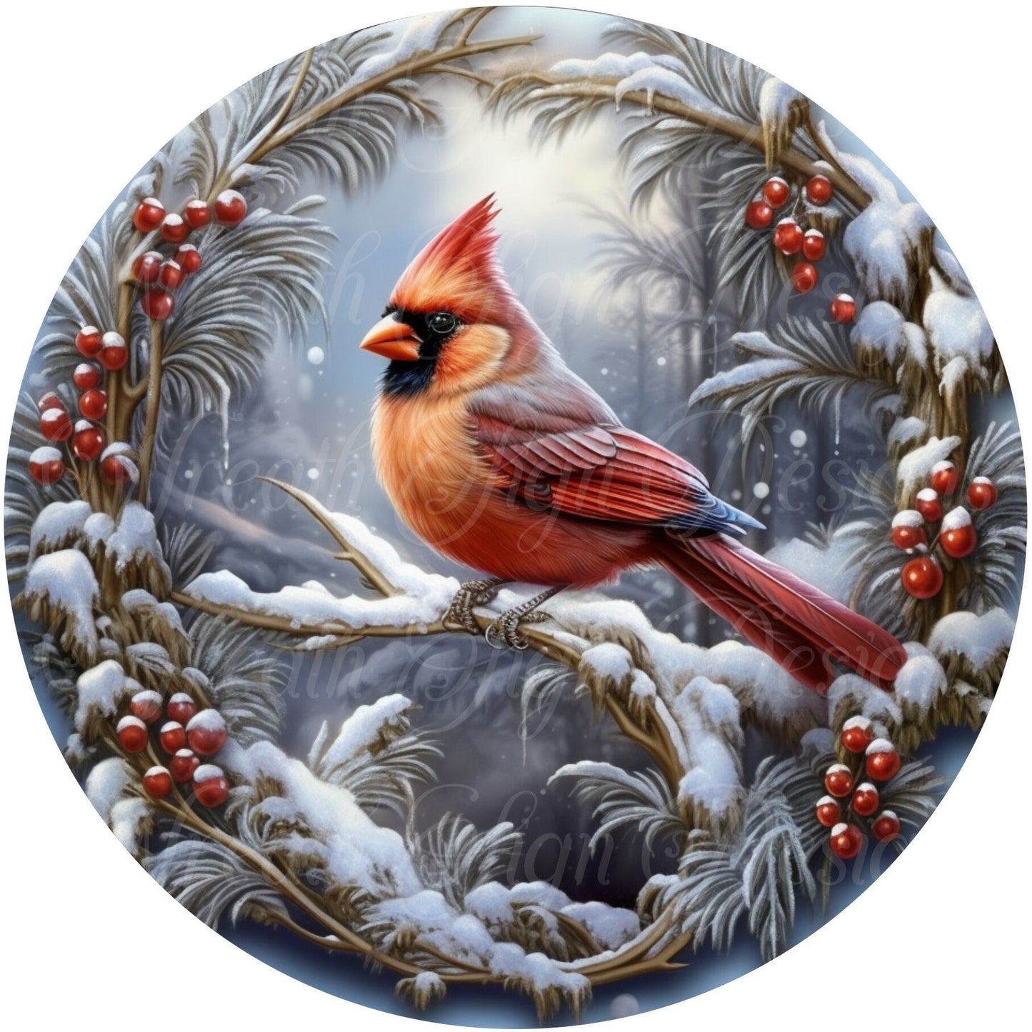 round metal wreath sign, Christmas cardinal wreath center, Winter sign, Cardinal decor