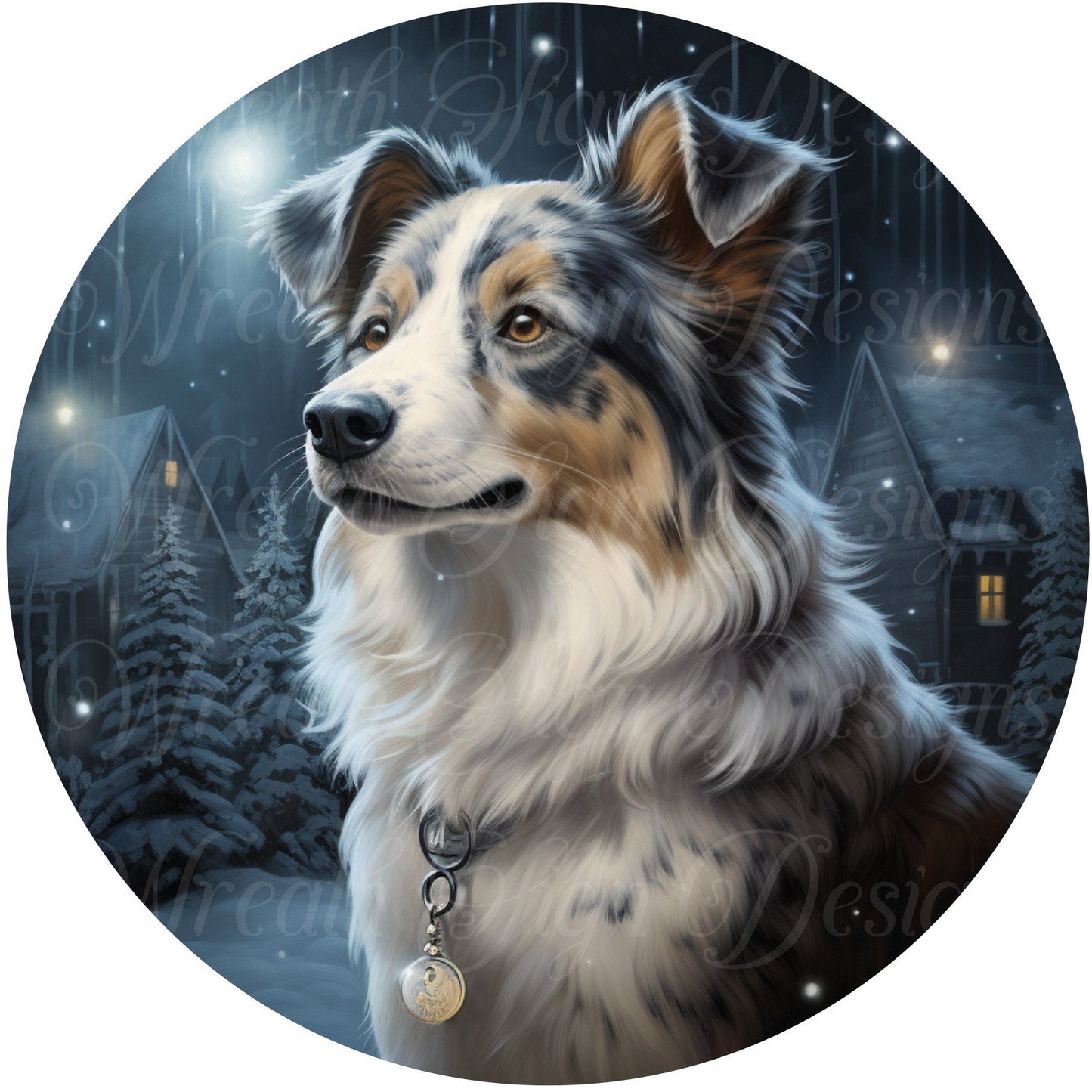 Christmas Boarder Collie dog sign, Winter dog sign,  Round sign, Wreath attachment, Wreath center, sublimated metal