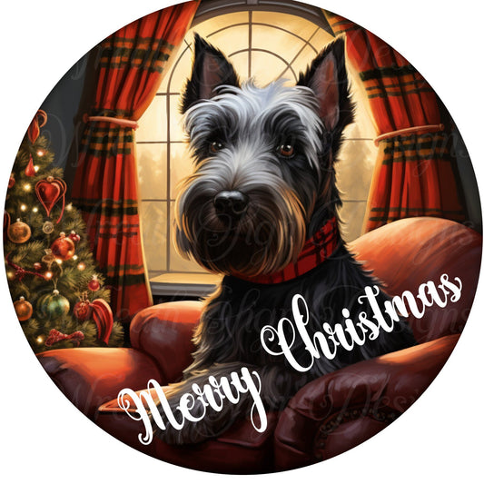 Christmas Scottie dog sign, Scottish Terrier  dog sign,  Round sign, Wreath attachment, Wreath center, sublimated metal