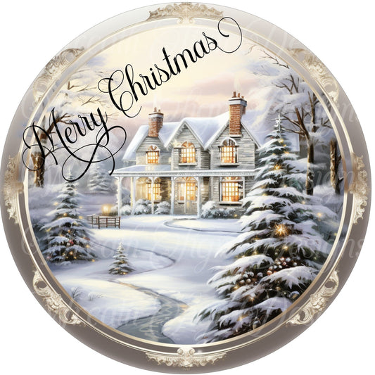 round metal sublimated wreath sign, Home for Christmas, Silver Christmas, , snowy winter Christmas sign