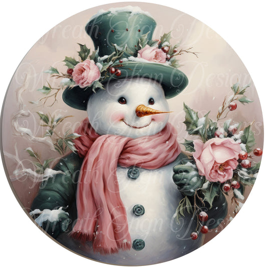 Pink Christmas snowman sign winter sign, Pink Christmas, Wreath Sign, Wreath Center, Wreath Attachment,  round metal sign