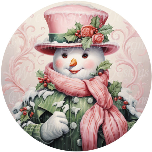 Pink Christmas snowman sign winter sign, Pink Christmas, Wreath Sign, Wreath Center, Wreath Attachment,  round metal sign