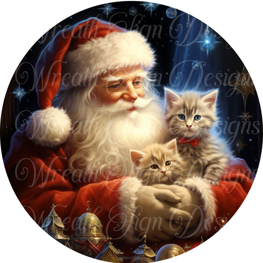 round metal sublimation wreath sign, Merry Christmas,  Santa, Santa Claus and Kitty Cat,  Kris Kringle, Father Christmas, Christmas Sign