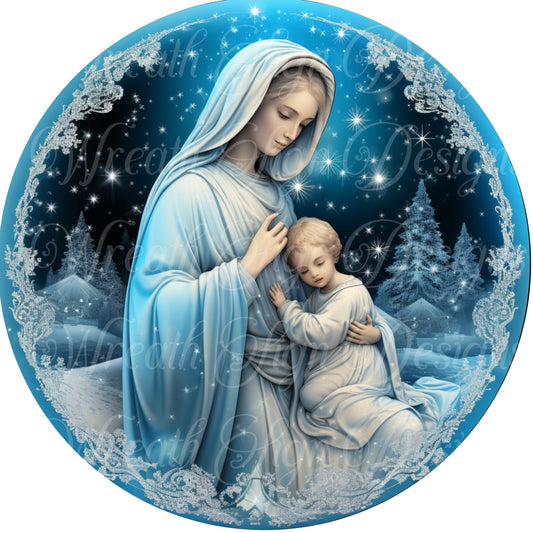 Mary and Baby Jesus Nativity scene round metal sign, Christmas sign,  wreath center attachment, Catholic, Religious sign,