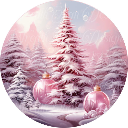 Pink Christmas round metal wreath sign, Pink Christmas tree in the snow,  Wreath Sign, pink Wreath Center, Wreath Attachment